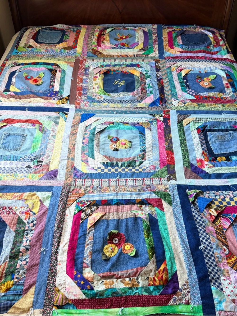 Denim  Quilt Boho Patchwork 60x80 Folk Art Dorm Decor - Picture 9 of 15